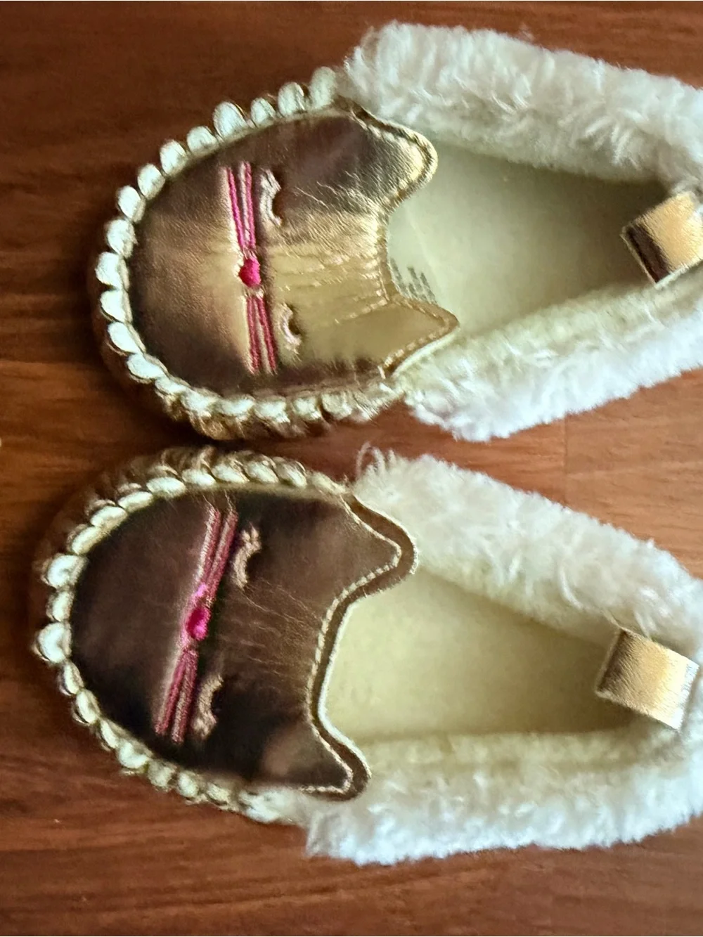 Rising Star Metallic Gold Cat Moccasins with Pink Embroidered Whiskers
